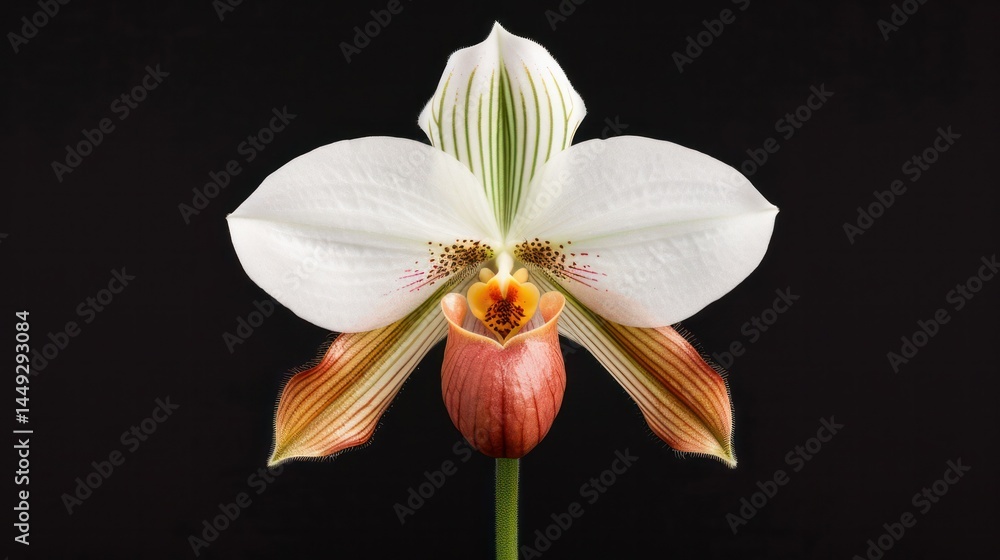 Fototapeta premium Close-up of a beautiful white orchid flower with striped petals and a pink lip against a black background showcasing detailed natural floral beauty and intricate petal patterns
