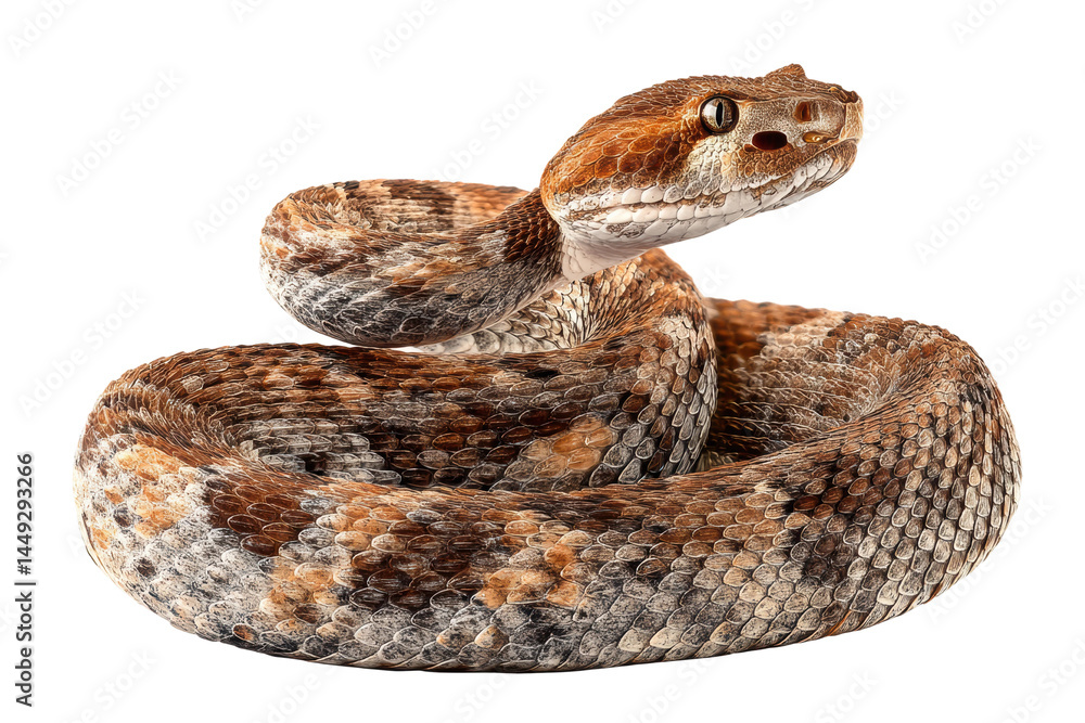 Detailed close-up of a coiled brown rattlesnake with black background, cut out Detailed close-up of a coiled brown rattlesnake with black background, cut out