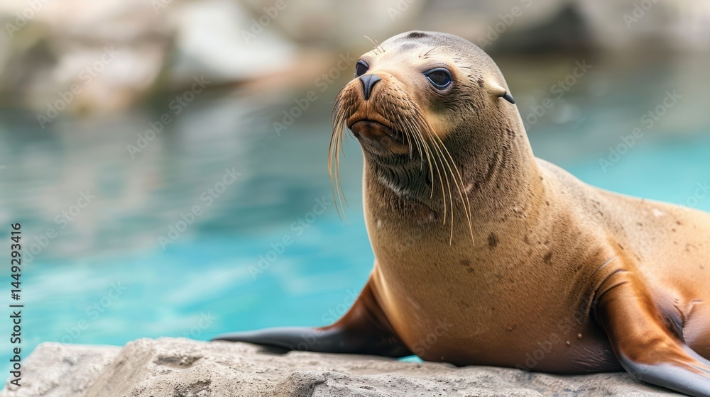 Naklejka premium Close-up of a sea lion resting on a rocky surface near water in a natural habitat, showcasing detailed fur, whiskers, and relaxed demeanor