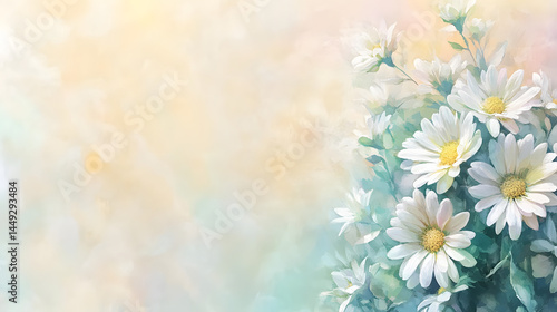 A watercolor painting featuring a series of pastel-colored daisies. The background is a gradient from light yellow to pale blue.