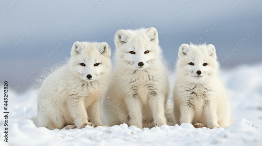 Three adorable Arctic fox kits sitting on snow-covered ground in a cold winter landscape with a cloudy sky in the background, highlighting wildlife and animal nature scene Three adorable Arctic fox kits sitting on snow-covered ground in a cold winter landscape with a cloudy sky in the background, highlighting wildlife and animal nature scene