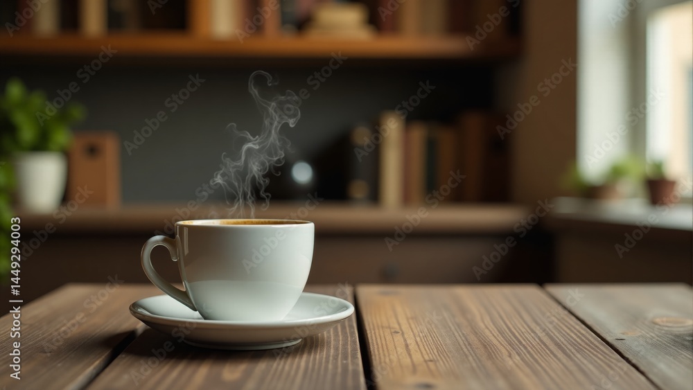 Steaming Coffee Cup On Wooden Table Steaming Coffee Cup On Wooden Table