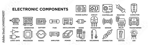 Electronic Components icon set. Editable Stroke Icon Collection. power supply, circuit board, microcontroller, resistor, capacitor