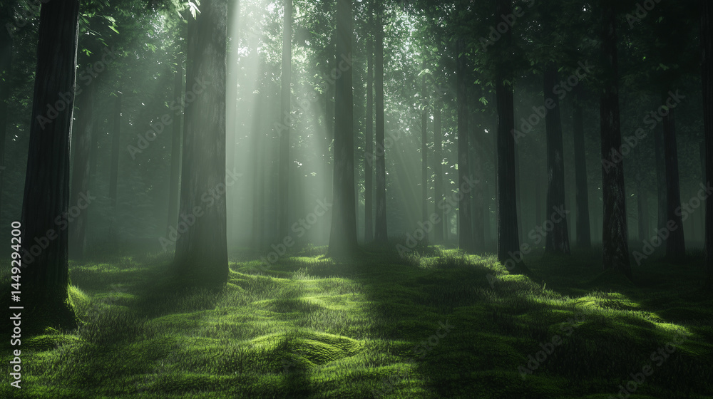 Obraz premium Peaceful woodland with soft morning rays