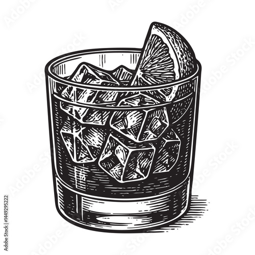 Old Fashioned Cocktail Woodcut Engraving