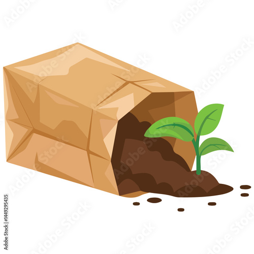 Young plant growing from soil sack isolated vector illustration on white background