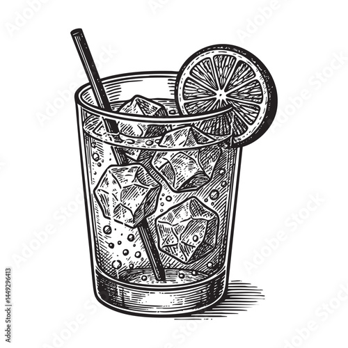 glass of Gin and tonic woodcut engraving vector illustration