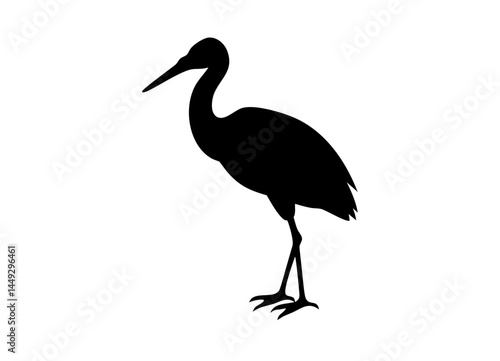 Black Silhouette of a Stork Standing on One Leg – Elegant Design Highlighting Long Neck, Pointed Beak, and Majestic Wings