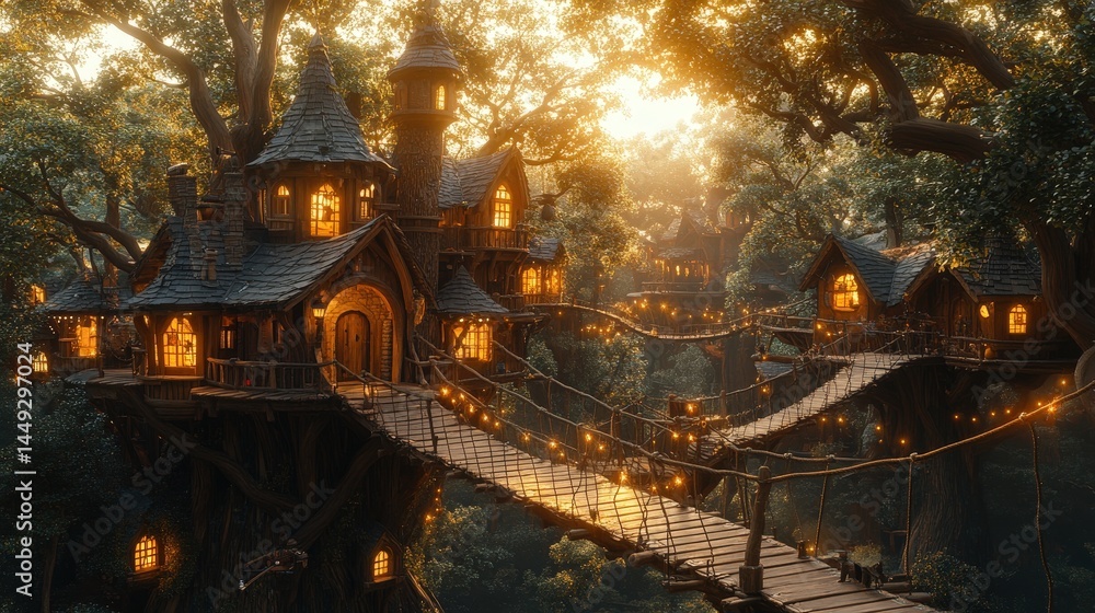 A picturesque forest settlement perched high in the trees. A picturesque forest settlement perched high in the trees.