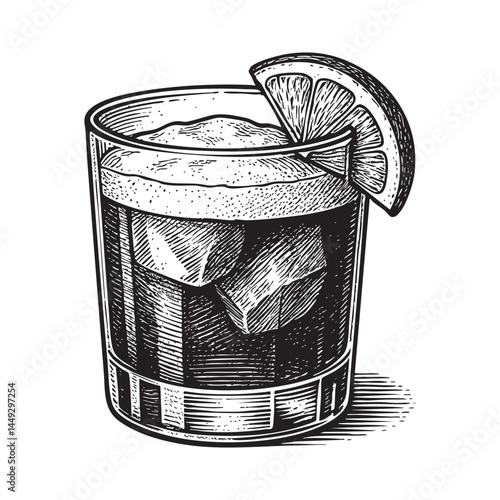 Whiskey Cocktail with Ice and Lemon Engraving