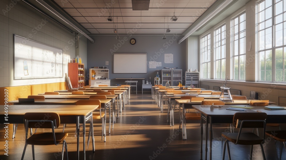 Empty classroom, natural light, school Empty classroom, natural light, school