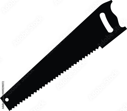 A black handsaw with a handle, teeth, and a hole is isolated on white