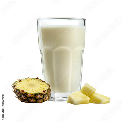 Pineapple smoothie recipe healthy drink glass of milk with fresh fruit summer tropical beverage diet food isolated on a transparent background.