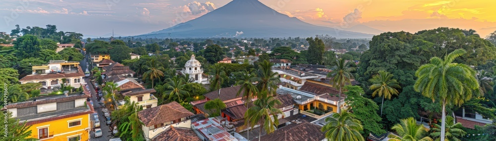 Scenic view of a town with a volcano backdrop at sunset. Scenic view of a town with a volcano backdrop at sunset.