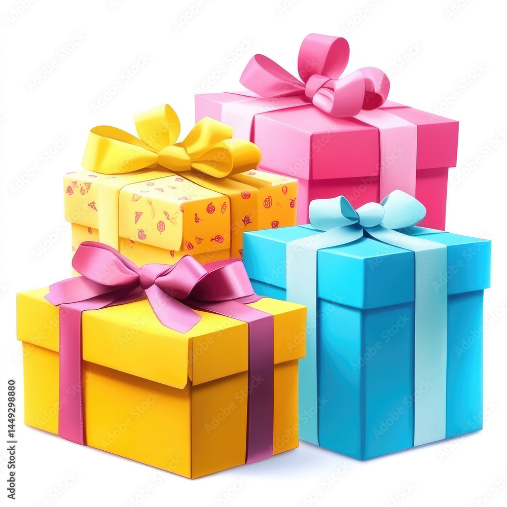 Obraz premium Four colorful gift boxes with ribbons. Each box features a unique pattern and color scheme