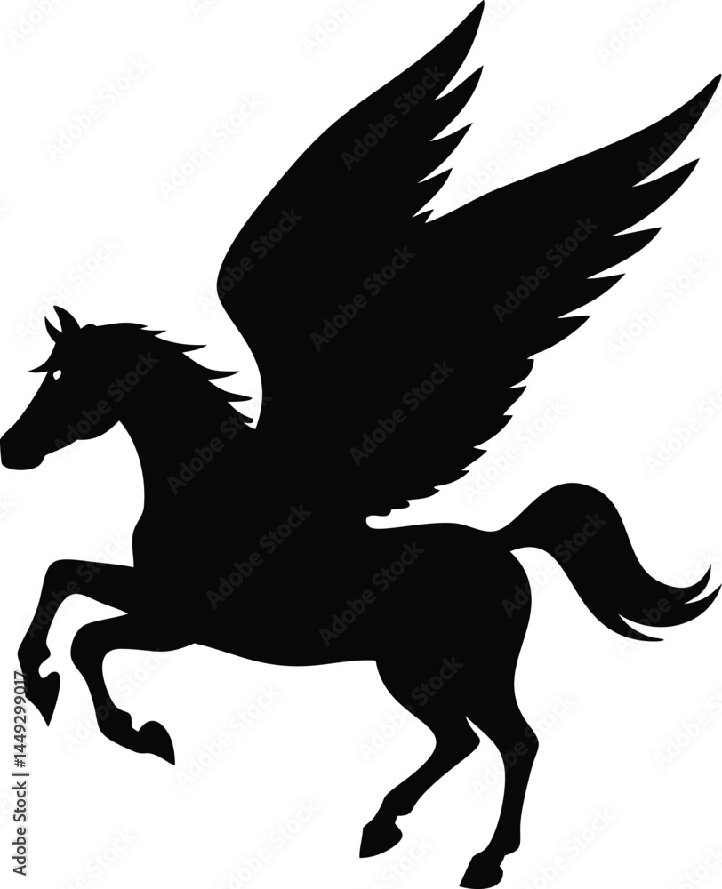 Fototapeta premium A black Pegasus silhouette rears dramatically with powerful wings against a stark white background in form