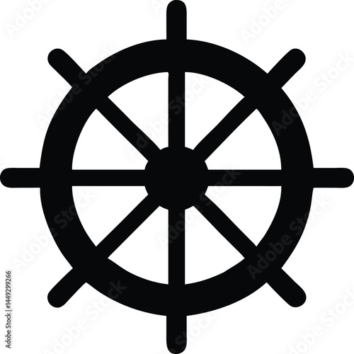 A black ship wheel with spokes rotates on a blank white background image