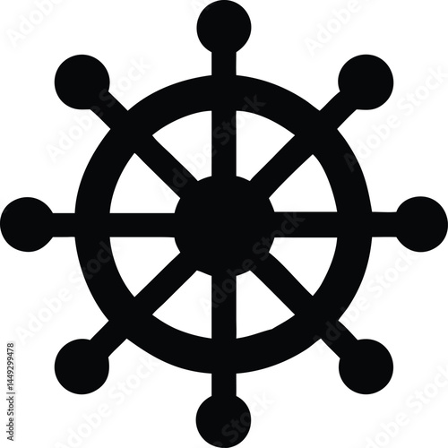A black ship wheel stands firmly as a symbol of nautical navigation