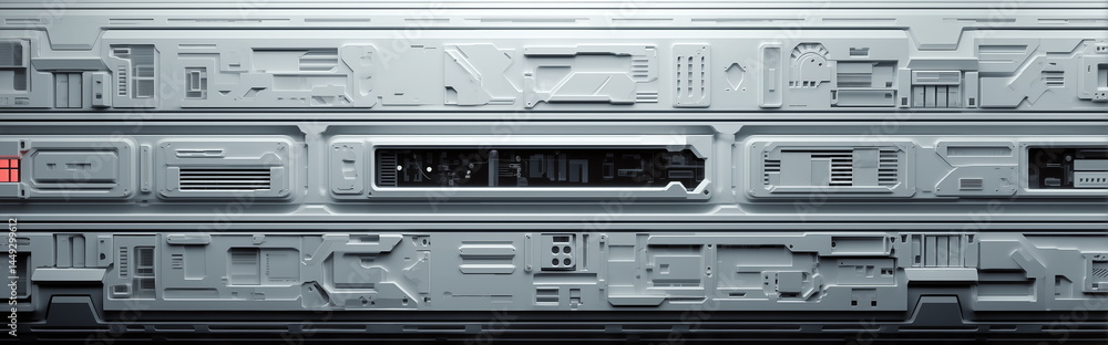 Futuristic Sci-Fi Background Wall. White, Panelled Surface with Modular Sections, Embedded section and functions Integrated into the Wall Structure. Futuristic Sci-Fi Background Wall. White, Panelled Surface with Modular Sections, Embedded section and functions Integrated into the Wall Structure.