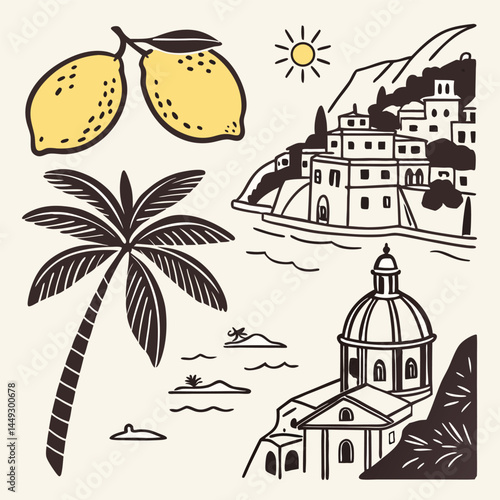 Italian amalfi sicily style vacation hand drawn vector illustrations