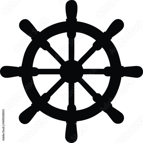 A black silhouette of a ship's steering wheel stands out against a plain white backdrop