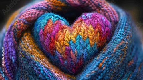 Colorful knitted heart nestled within a textured scarf.