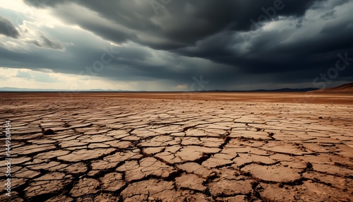 Ominous desert landscape with dark sky and cracked earth creating a barren wasteland