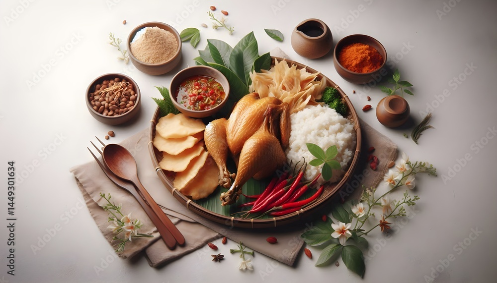Indonesian smashed fried chicken served with sambal on neutral backdrop using clean isolated professional food photo Indonesian smashed fried chicken served with sambal on neutral backdrop using clean isolated professional food photo