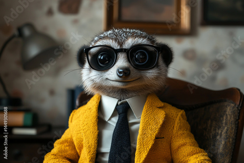 Portrait of an anthropomorphic meerkat wearing black glasses and a yellow jacket with a tie, sitting in a chair against a business office background