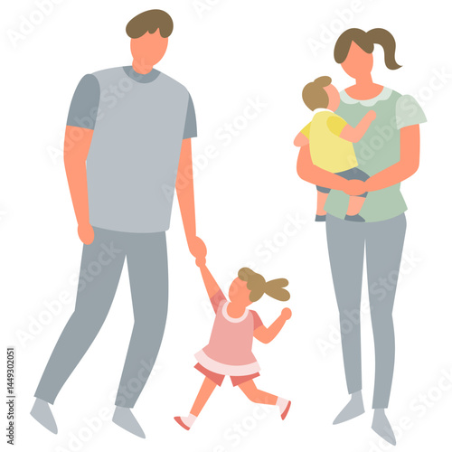 歩く子供連れのファミリー