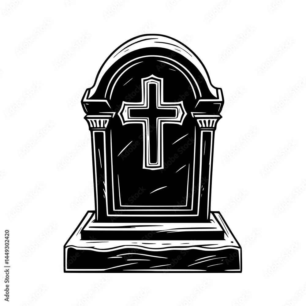 hand drawn illustration of tombstone isolated on white background.