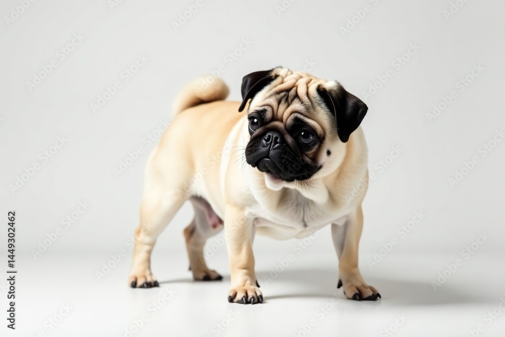 Obraz premium A solo pug, attentively looking forward, on a plain white backdrop , short haired dog, domestic animal