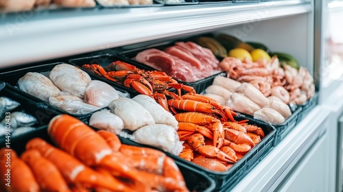 A variety of fresh seafood and meat is displayed in trays at a market or store, showcasing lobster, fish, shrimp, and more.