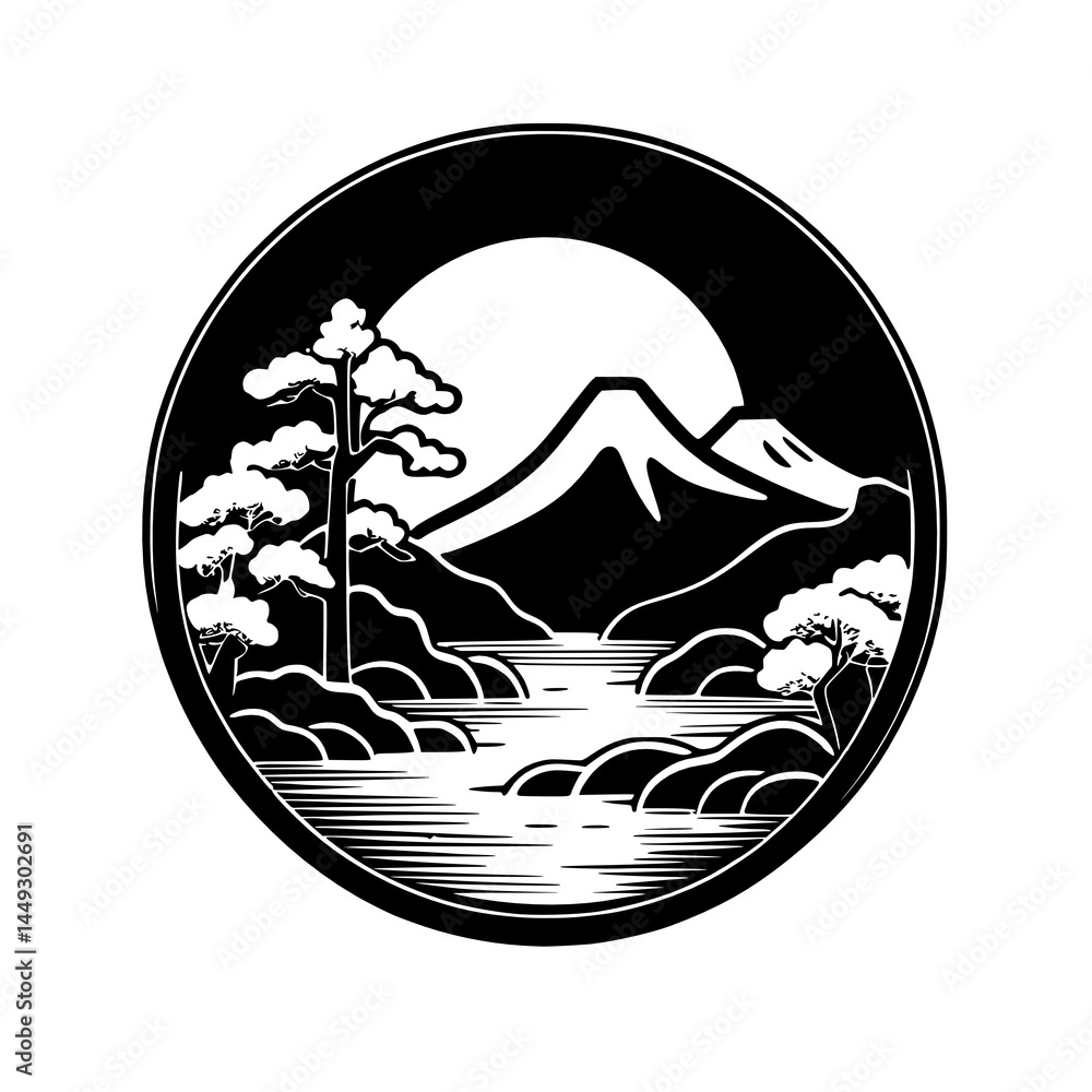 illustration of a mountain with a moon