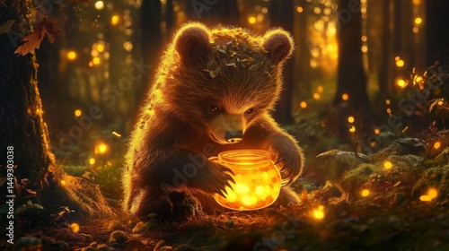 bear and honey pot in the forest