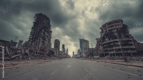 A panoramic view of a decimated cityscape featuring damaged buildings debris strewn roads and a cloudy ominous sky depicting urban disaster scenarios devastation and environmental collapse
