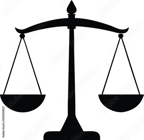 A simple black scale symbol of justice stands in equilibrium for fairness on white