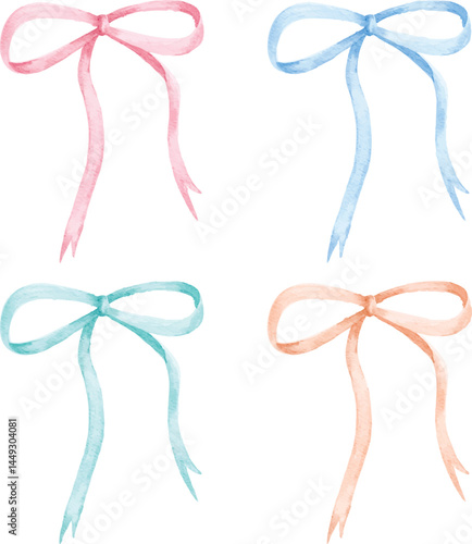 set of beautiful bows ribbons isolated on white background. pink, blue, green, orange. cute multicolors bows for decoration, cards, scrapbooking, and prints