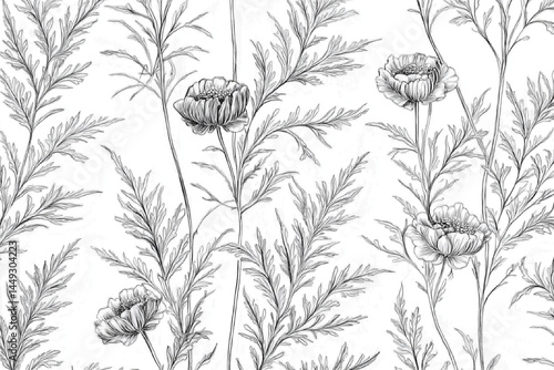 Wallpaper Mural black and white toile de Jouy pattern, hand-drawn botanical illustration, vintage floral sketch, engraving style, high detail, seamless textile design, elegant, 18th century French style, monochrome Torontodigital.ca