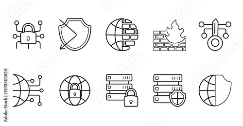 Ten line art cybersecurity icons arrayed