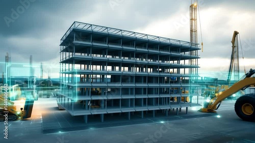 Futuristic aerial view of a building assembling from scaffolding to completion, enhanced with digital effects, holographic elements, cinematic lighting, and realistic textures