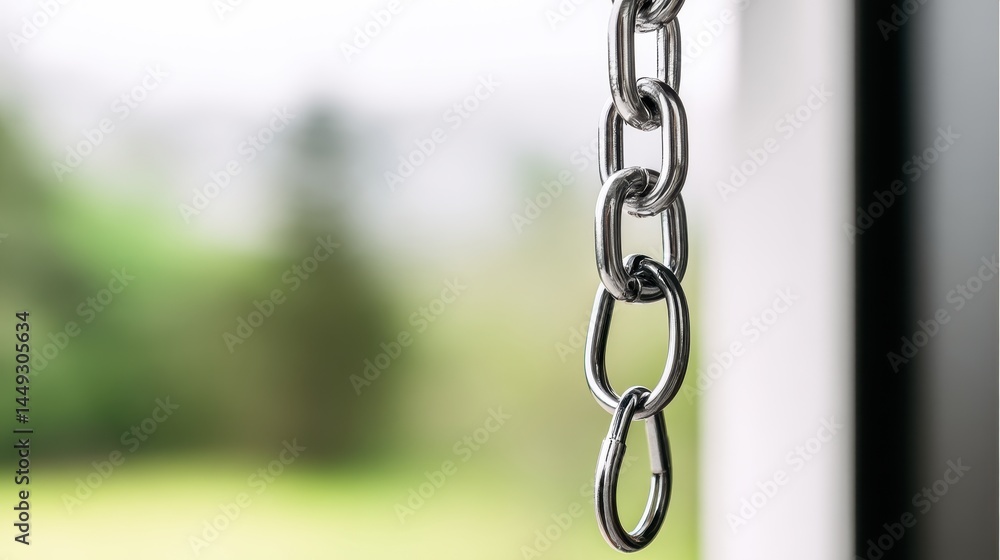 Obraz premium Close-up of a shiny metal chain hanging by a window, with a blurred green landscape outside