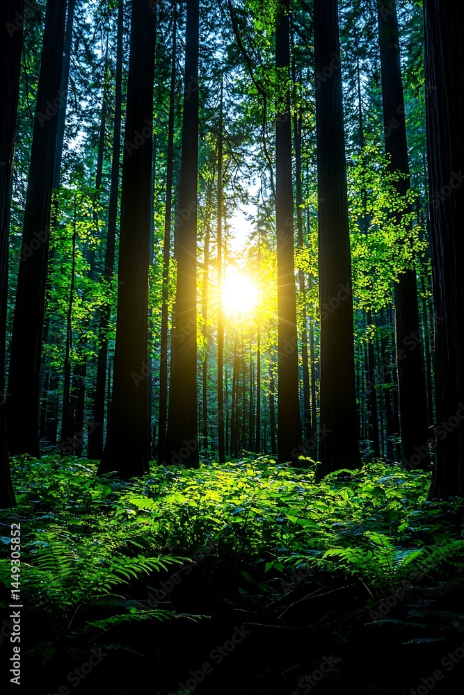 Obraz premium Sunlight filtering through towering trees in a lush forest