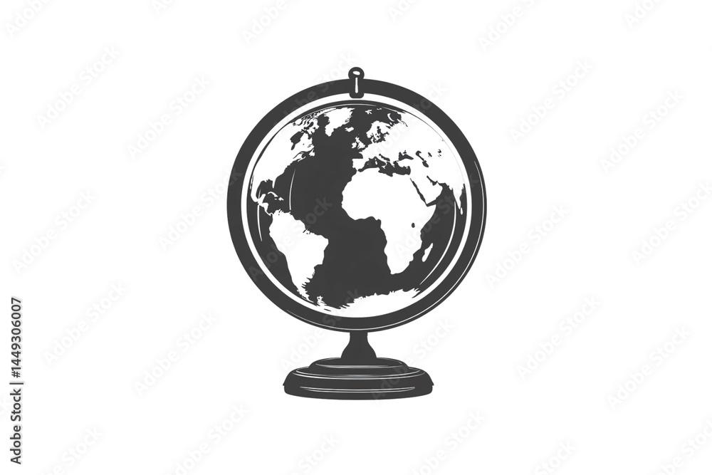 Classic desk globe on stand with minimal outlines, highlighting Europe, Africa, and Atlantic-centered geography, isolated on a transparent background