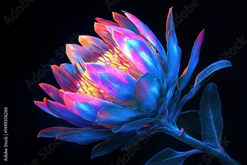 Vibrant, glowing protea flower against a dark background.