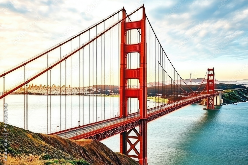 Fototapeta premium Iconic red suspension bridge spanning a bay, with cityscape in the background Sunrise or sunset light highlights the structure Elevated view showcases engineering marvel