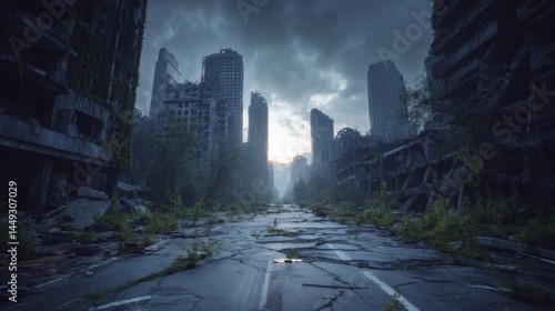 Desolate cityscape after disaster broken road through ruined buildings