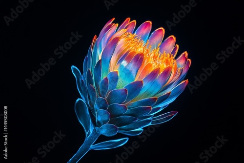 Vibrant, glowing protea flower against a dark background.