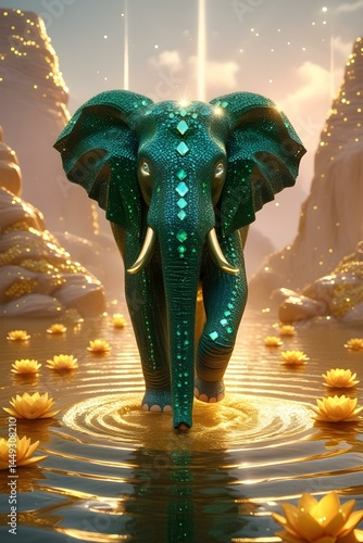 Mystical Emerald Elephant Walking on Golden Water with Lotus Flowers - Fantasy Digital Art Illustration