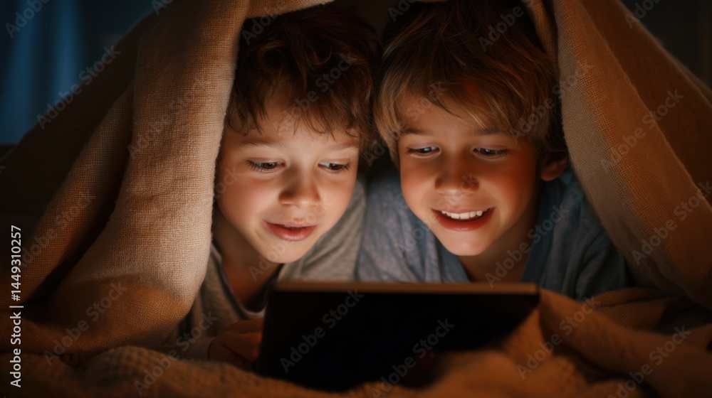 Children engaged with tablet under blanket at night Children engaged with tablet under blanket at night
